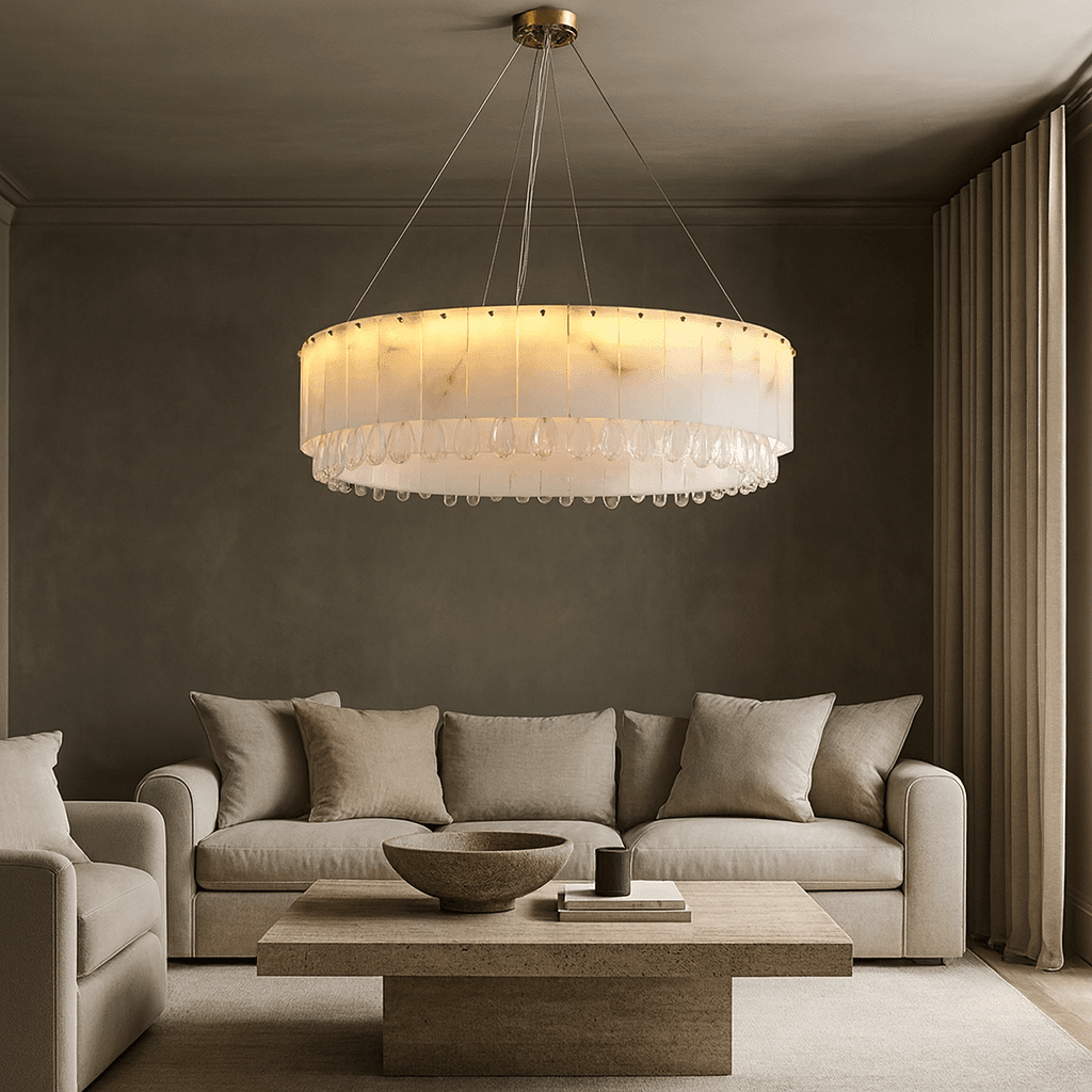 Stuart 39-inch marble and crystal chandelier illuminated