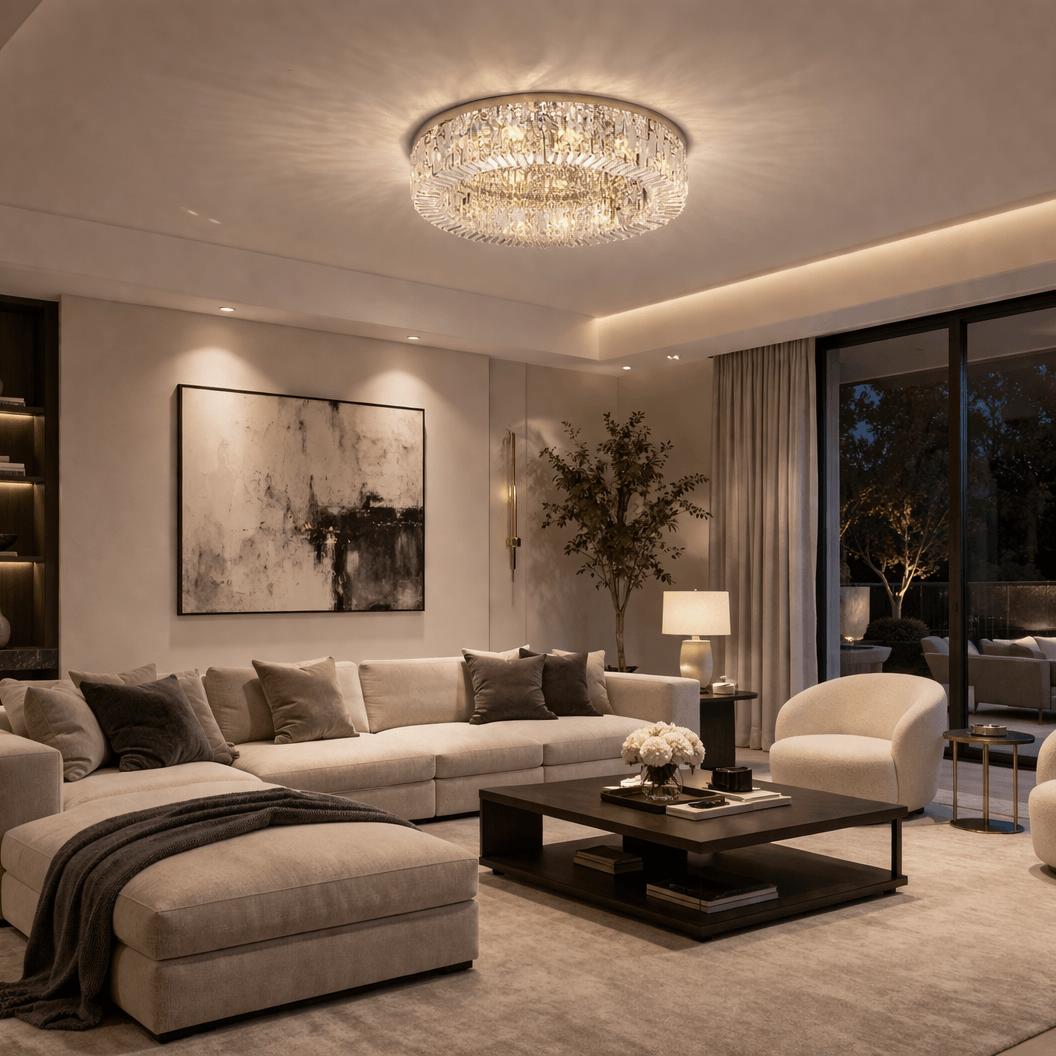 Gio crystal flush mount illuminated on a ceiling
