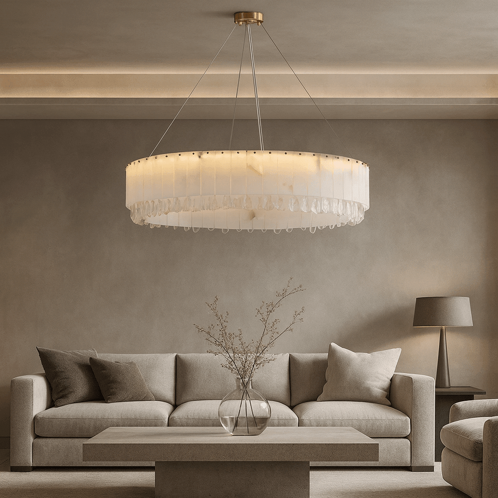 Stuart 39-inch marble and crystal round chandelier full view