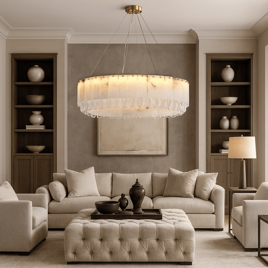 Stuart 31-inch marble and crystal round chandelier full view