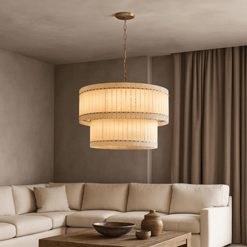 Valmont 39-inch two-tier marble chandelier glowing from within
