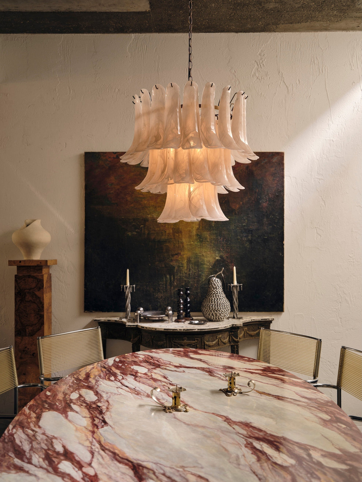 Lonso Taupe Mid-Century Brass & Glass Chandelier – Vintage Glam - casivra