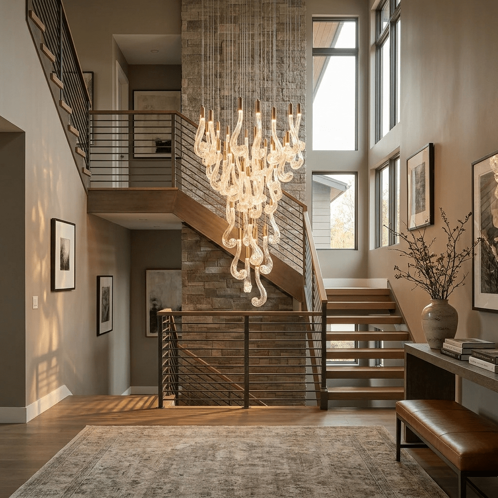 Lucerna LED Glass Flame Chandelier - Dia 23.6″ × H 39.4″Gold & ClearWarm Lightcasivra