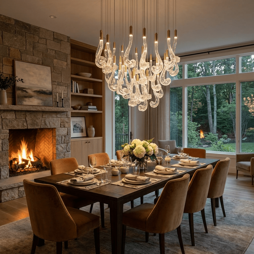 Lucerna LED Glass Flame Chandelier - Dia 23.6″ × H 39.4″Gold & ClearWarm Lightcasivra