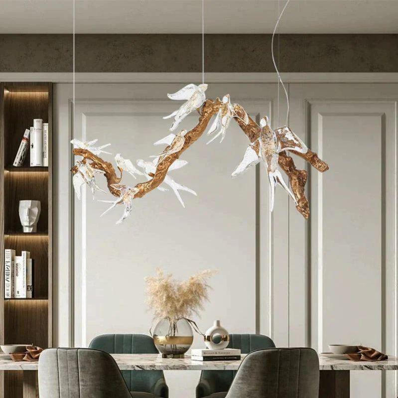 Lucky Bird Glass Branch Round Chandelier For Dining Room - 31.5" D X 16.5" Hcasivra