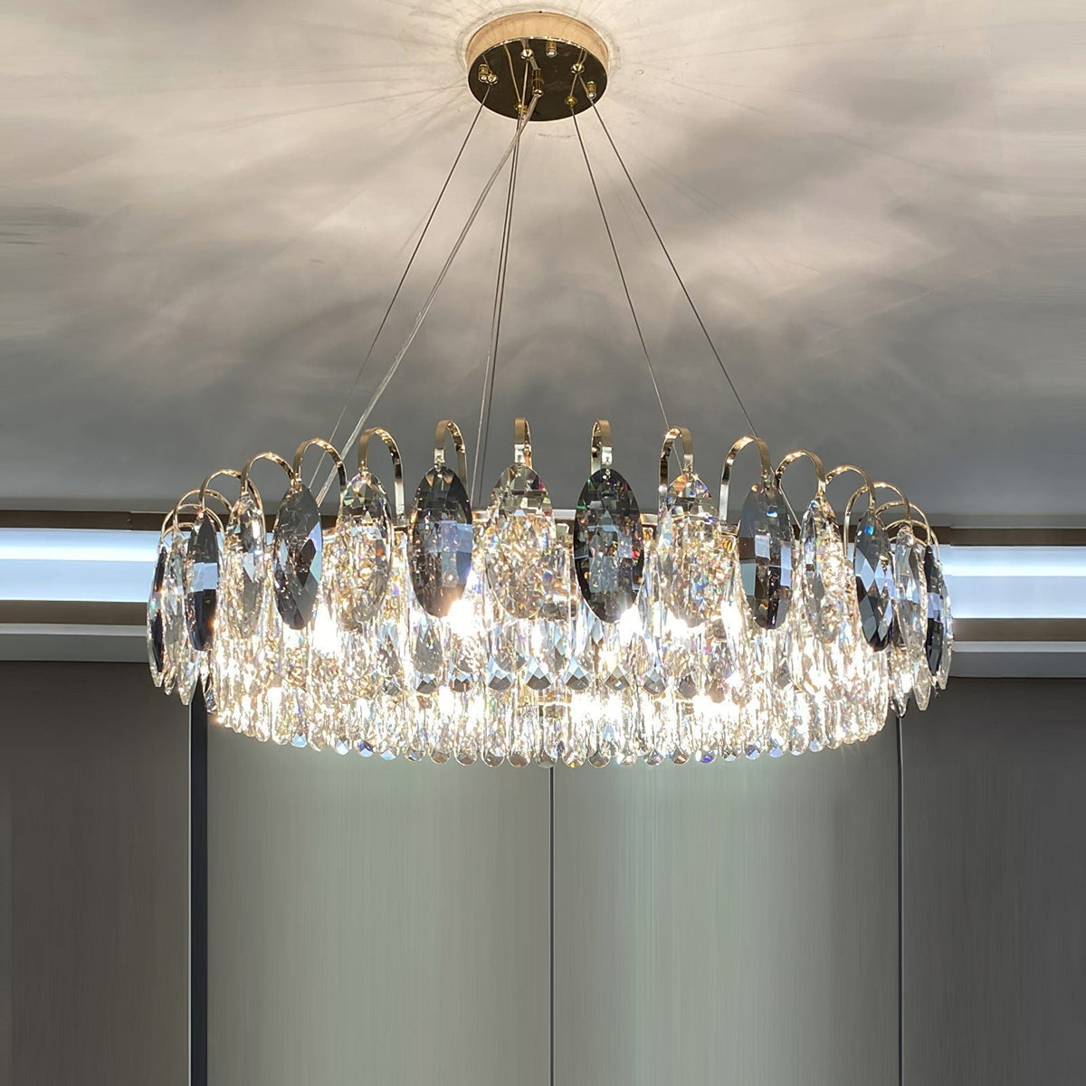 Luxurious K9 Crystal Chandelier Modern Ceiling Light Fixtures Set for Living Room/Dining Room-Chandeliers-casivra-Round: D39.4"*H9"/12 Lights/26 kg-Gold-Warm Light-casivra