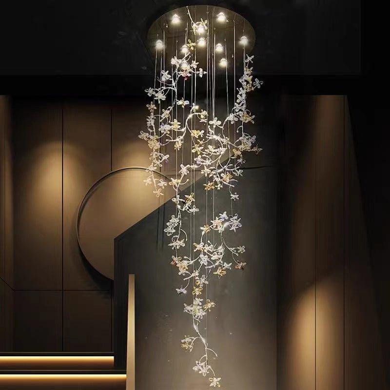 Luxury Branch Flower Crystal Chandelier for High Ceiling Staircase Foyer and Hallway Decor - D19.7"*H118"/18kgGoldWarm Lightcasivra
