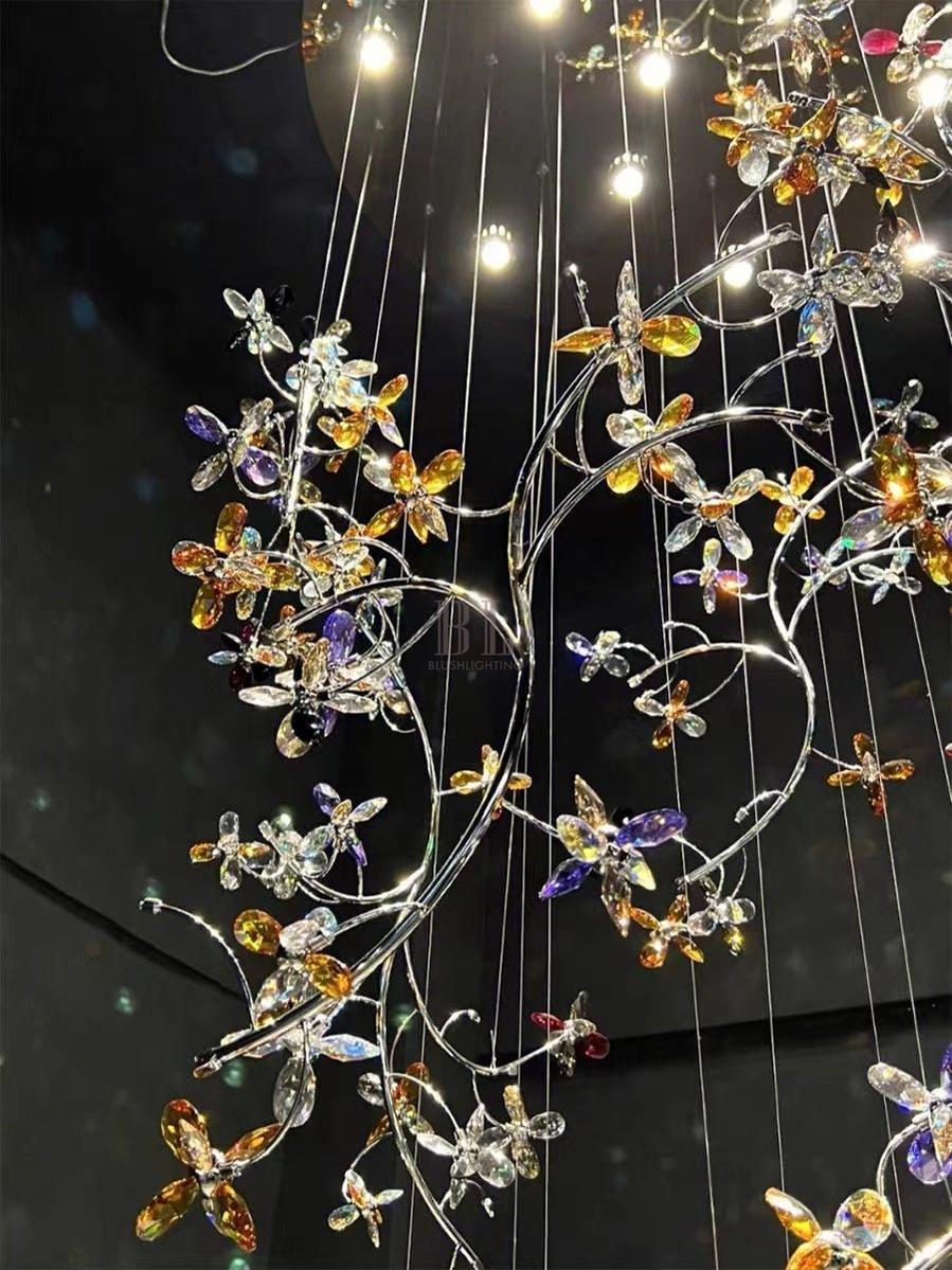 Luxury Branch Flower Crystal Chandelier for High Ceiling Staircase Foyer and Hallway Decor - D19.7"*H118"/18kgChromeWarm Lightcasivra