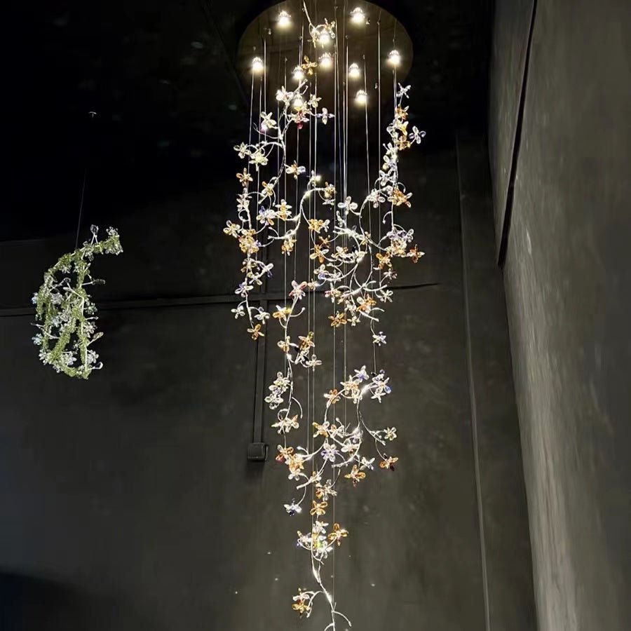 Luxury Branch Flower Crystal Chandelier for High Ceiling Staircase Foyer and Hallway Decor - D19.7"*H118"/18kgChromeWarm Lightcasivra