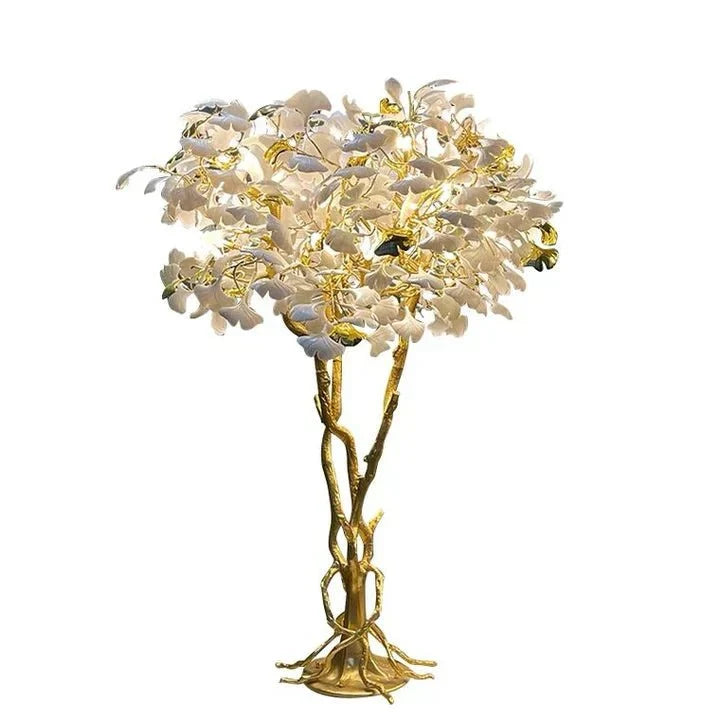 Luxury Creative White Ceramic Ginkgo Biloba Copper Branch Tree Floor Lamp for Living Room and Bedroom - D39.4"*H82.7"Warm Lightcasivra