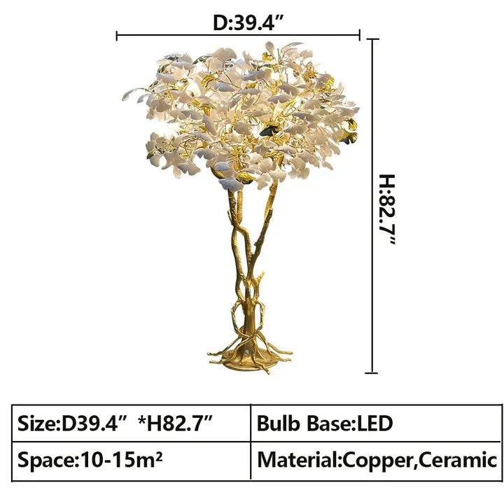 Luxury Creative White Ceramic Ginkgo Biloba Copper Branch Tree Floor Lamp for Living Room and Bedroom - D39.4"*H82.7"Warm Lightcasivra