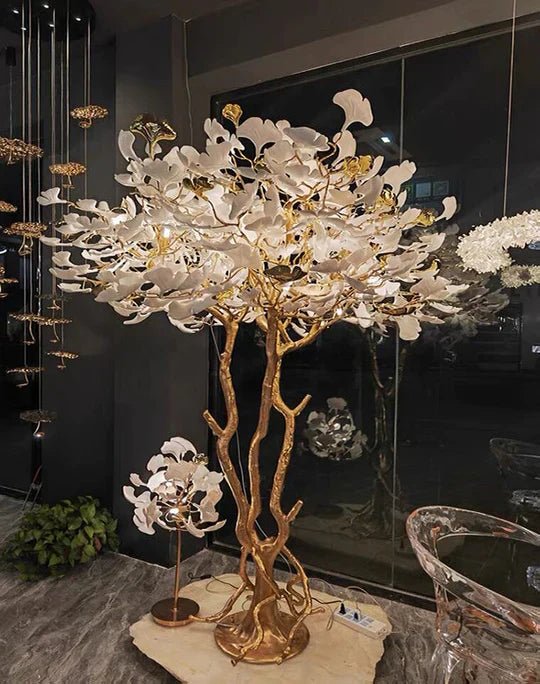 Luxury Creative White Ceramic Ginkgo Biloba Copper Branch Tree Floor Lamp for Living Room and Bedroom - D39.4"*H82.7"Warm Lightcasivra