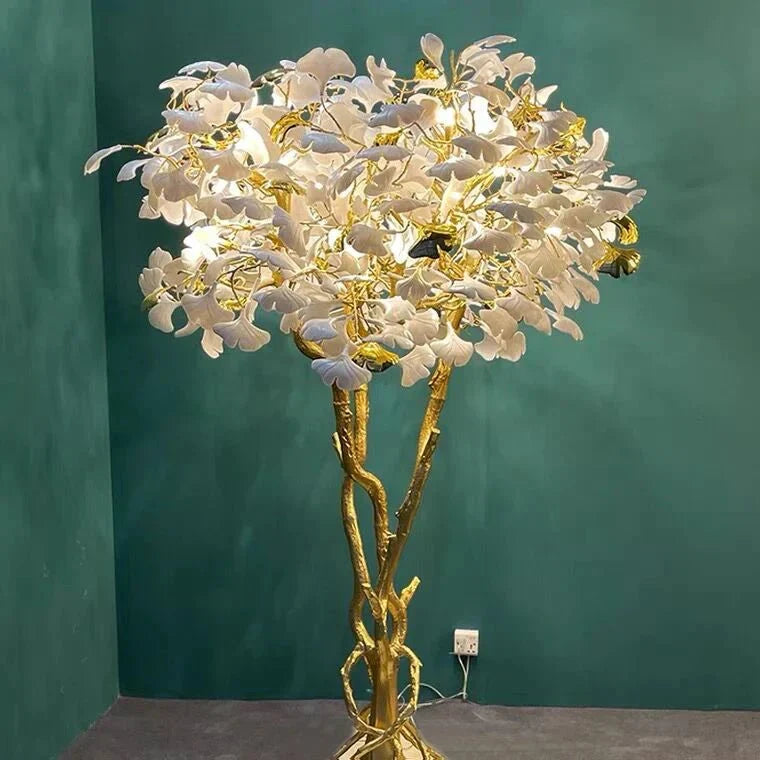 Luxury Creative White Ceramic Ginkgo Biloba Copper Branch Tree Floor Lamp for Living Room and Bedroom - D39.4"*H82.7"Warm Lightcasivra