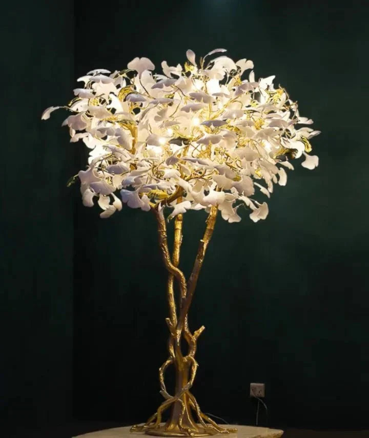Luxury Creative White Ceramic Ginkgo Biloba Copper Branch Tree Floor Lamp for Living Room and Bedroom - D39.4"*H82.7"Warm Lightcasivra