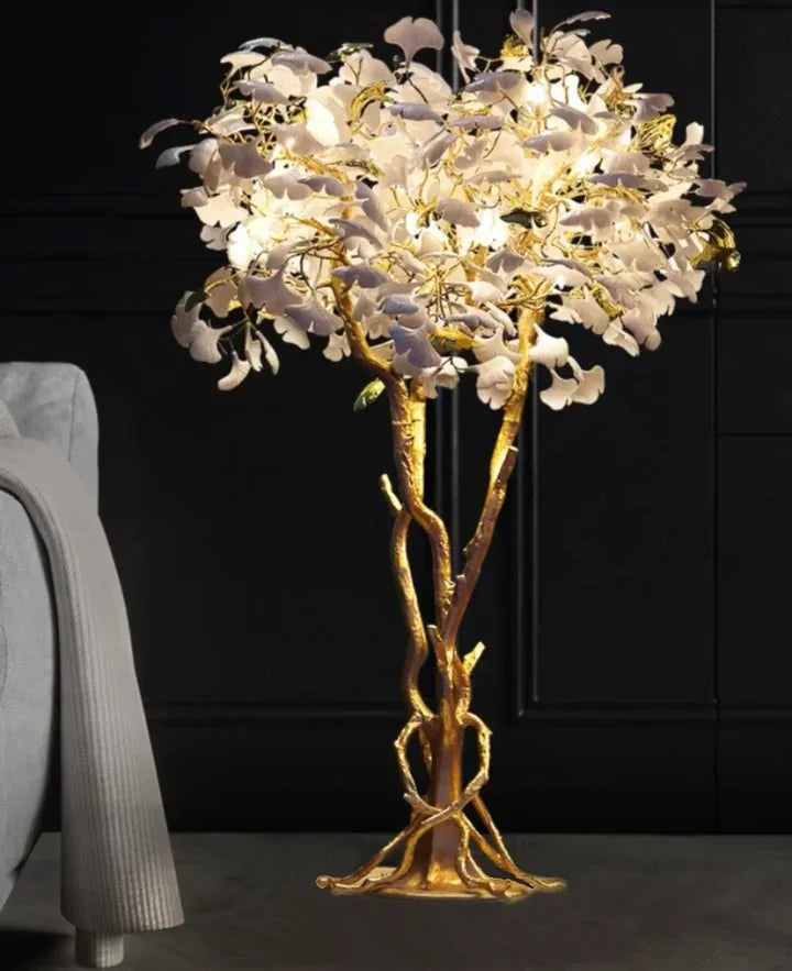 Luxury Creative White Ceramic Ginkgo Biloba Copper Branch Tree Floor Lamp for Living Room and Bedroom - D39.4"*H82.7"Warm Lightcasivra