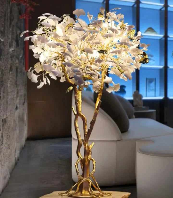 Luxury Creative White Ceramic Ginkgo Biloba Copper Branch Tree Floor Lamp for Living Room and Bedroom - D39.4"*H82.7"Warm Lightcasivra