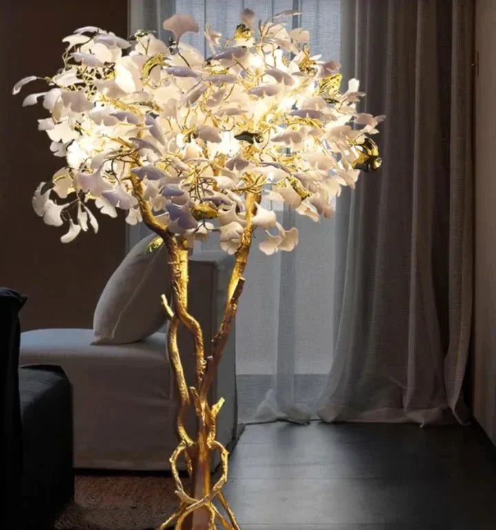 Luxury Creative White Ceramic Ginkgo Biloba Copper Branch Tree Floor Lamp for Living Room and Bedroom - D39.4"*H82.7"Warm Lightcasivra