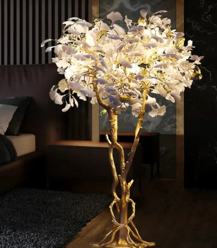 Luxury Creative White Ceramic Ginkgo Biloba Copper Branch Tree Floor Lamp for Living Room and Bedroom - D39.4"*H82.7"Warm Lightcasivra