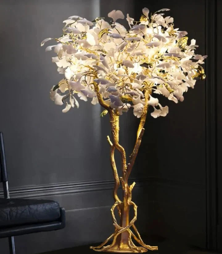 Luxury Creative White Ceramic Ginkgo Biloba Copper Branch Tree Floor Lamp for Living Room and Bedroom - D39.4"*H82.7"Warm Lightcasivra