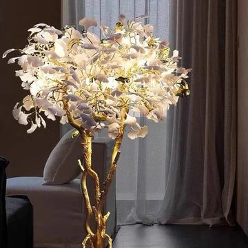 Luxury Creative White Ceramic Ginkgo Biloba Copper Branch Tree Floor Lamp for Living Room and Bedroom - D39.4"*H82.7"Warm Lightcasivra