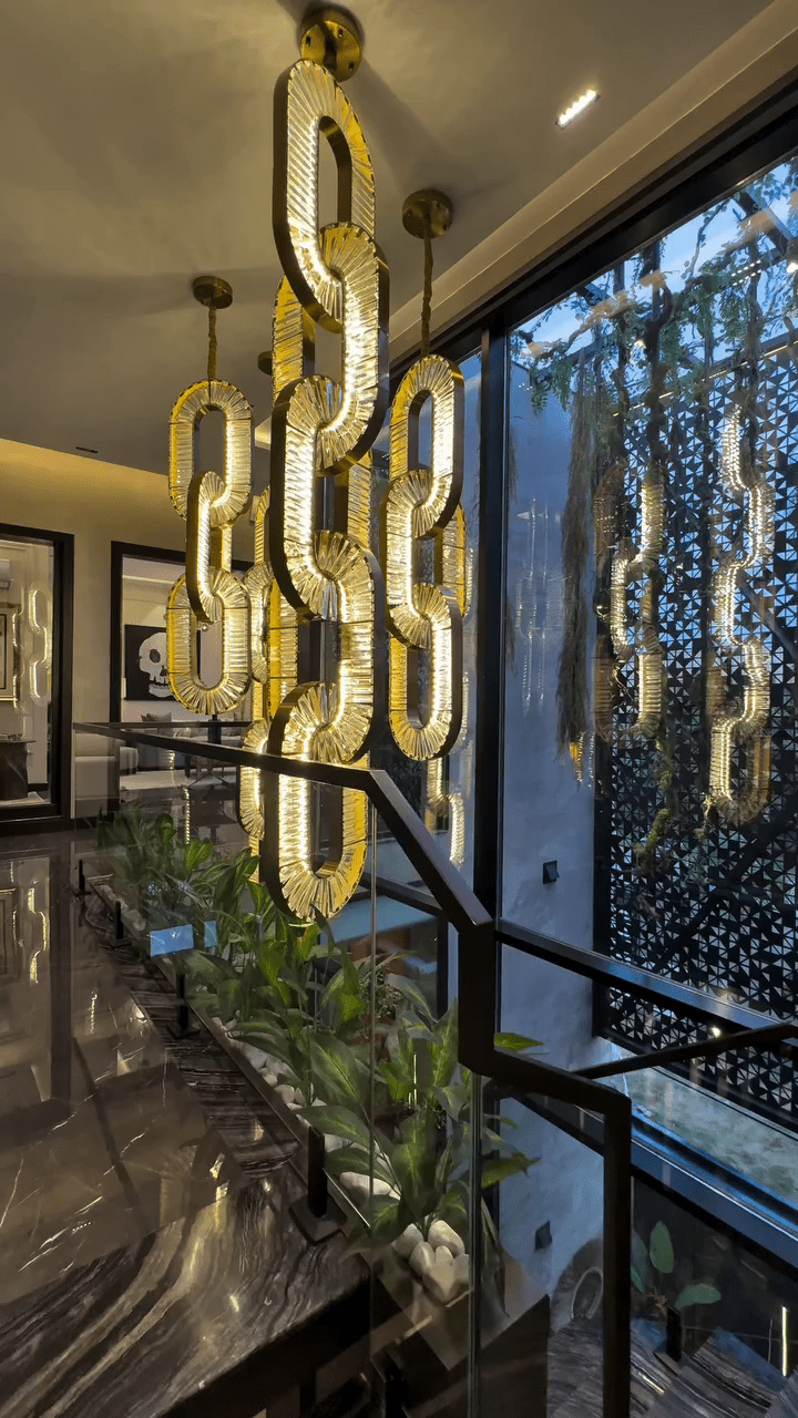 Luxury Crystal and Metal Chain Pendant Chandelier for High Ceilings with Modern Finish - Vertical/3 Rings/D12"*H48"/26kgGoldWarm Lightcasivra
