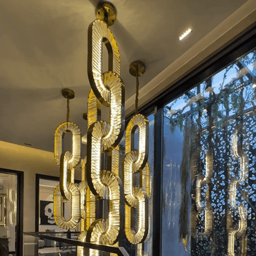 Luxury Crystal and Metal Chain Pendant Chandelier for High Ceilings with Modern Finish - Vertical/3 Rings/D12"*H48"/26kgGoldWarm Lightcasivra