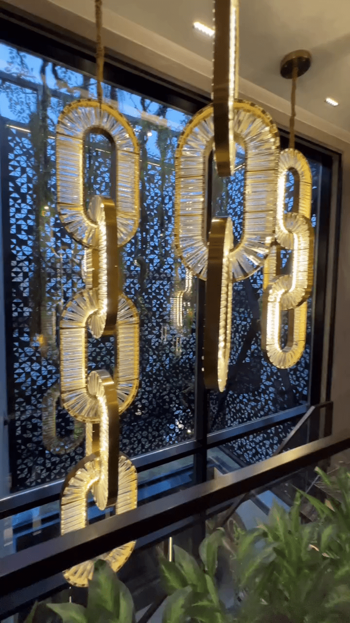 Luxury Crystal and Metal Chain Pendant Chandelier for High Ceilings with Modern Finish - Vertical/3 Rings/D12"*H48"/26kgGoldWarm Lightcasivra