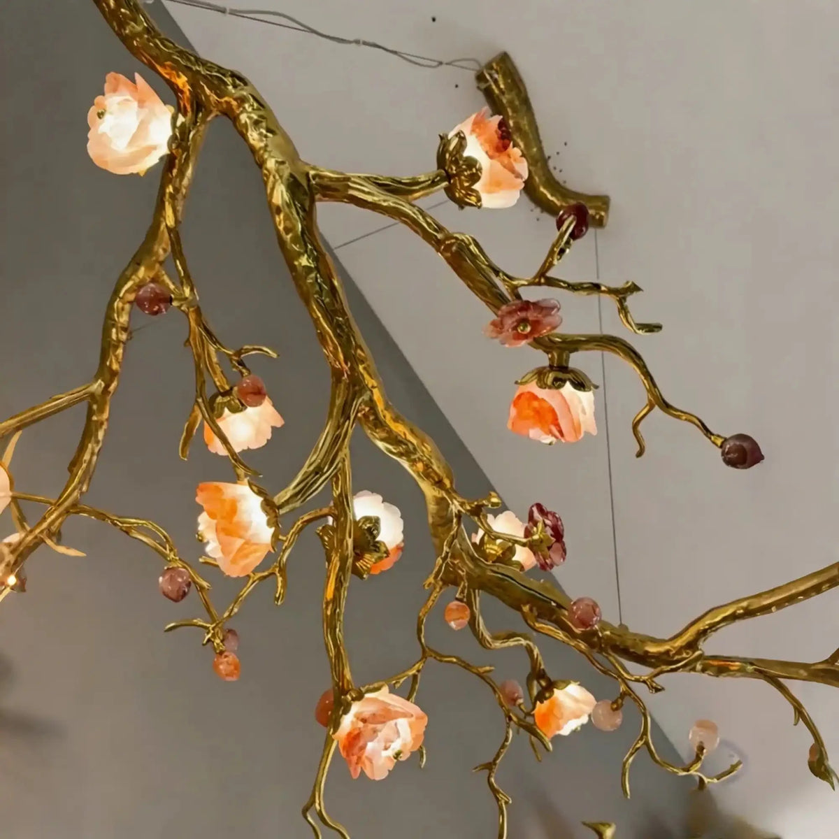 Luxury Elegant Golden Branch Blossom Twig Natural Crystal Lighting Set - Pendant Chandelier/L50.39“*W24.8”Warm Lightcasivra