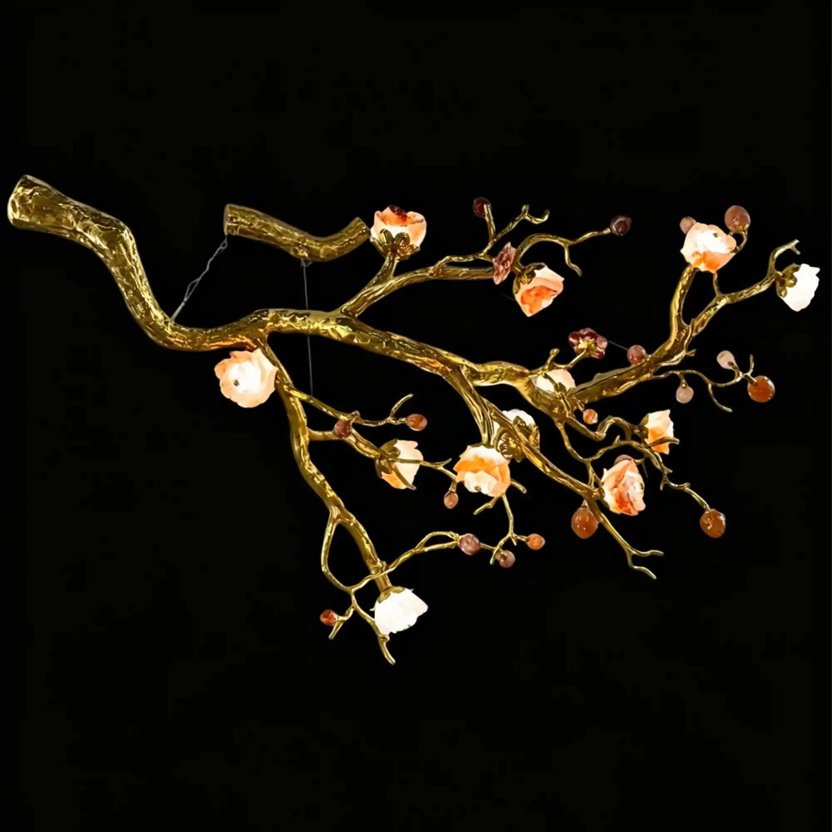 Luxury Elegant Golden Branch Blossom Twig Natural Crystal Lighting Set - Pendant Chandelier/L50.39“*W24.8”Warm Lightcasivra