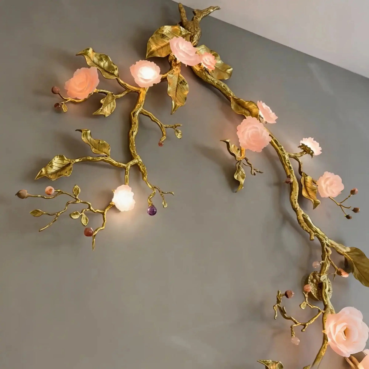 Luxury Elegant Golden Branch Blossom Twig Natural Crystal Lighting Set - Pendant Chandelier/L50.39“*W24.8”Warm Lightcasivra