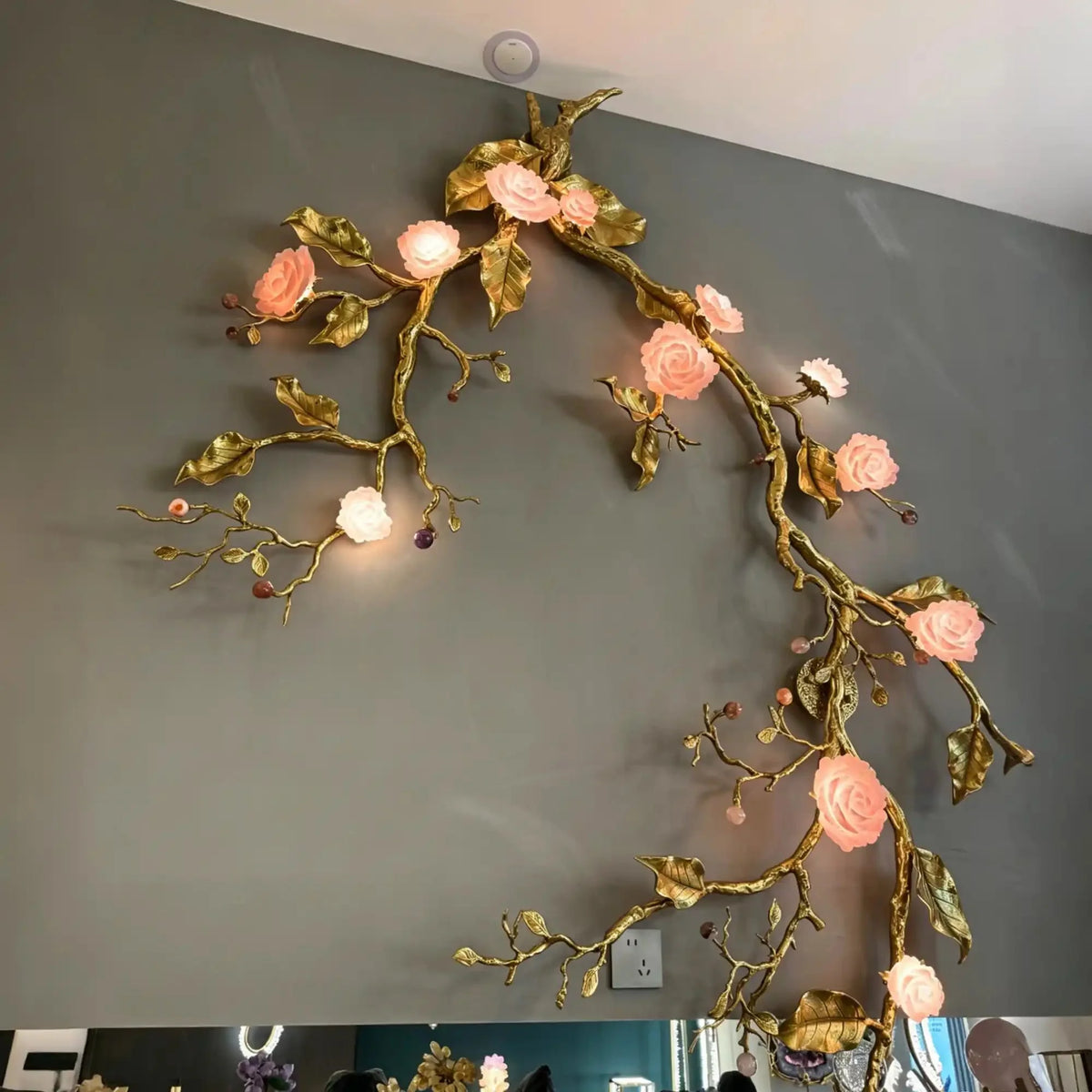 Luxury Elegant Golden Branch Blossom Twig Natural Crystal Lighting Set - Pendant Chandelier/L50.39“*W24.8”Warm Lightcasivra