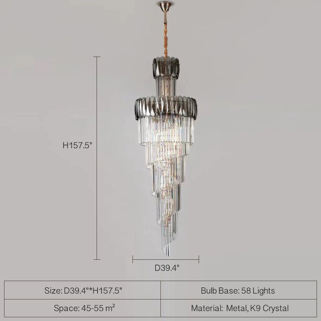 Luxury Extra Large Foyer Spiral Staircase Chandelier Long Crystal Ceiling Light Fixture For Living Room Hall Entrance - D39.4"*H157.5"/ 58 LightsSmoky Graycasivra