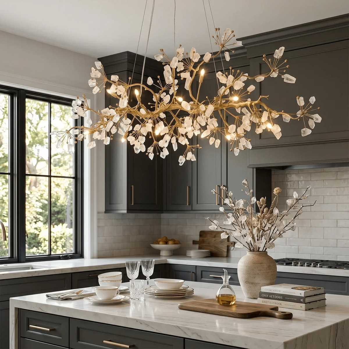 Luxury Glass Bloom Branch Chandelier - ∅ 59.1″ x W 15.7″ x H 17.7″Gold + Transparentcasivra