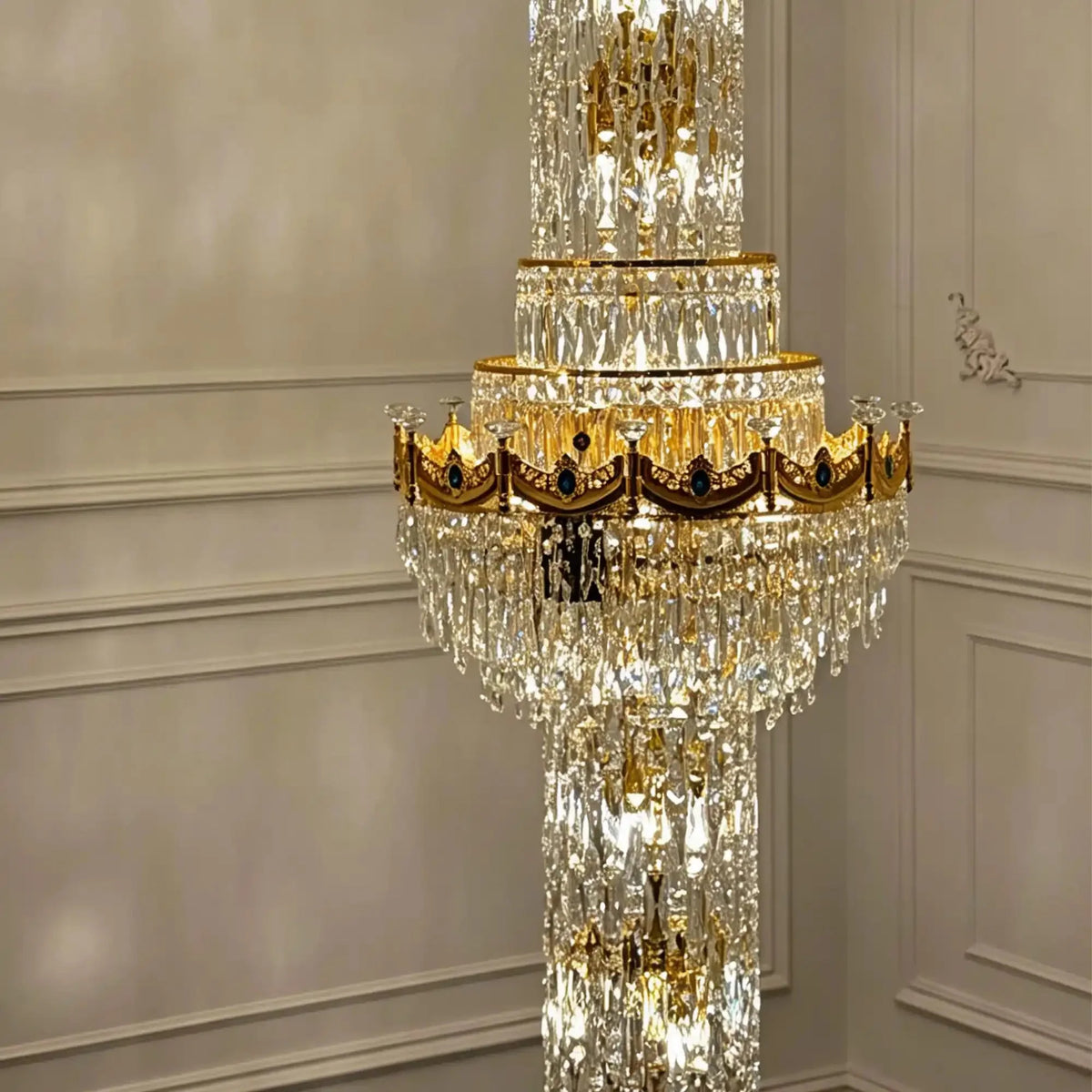 Luxury Majesty Grand Crown Top Cascading Long Tiered Crystal Chandelier - D23.62"*H137.80" (D60cm*H350cm)Warm Lightcasivra