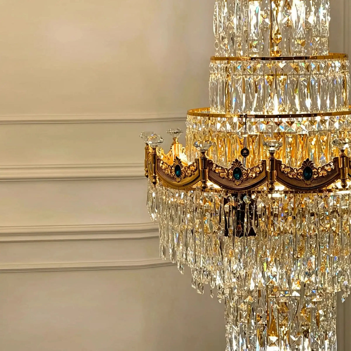 Luxury Majesty Grand Crown Top Cascading Long Tiered Crystal Chandelier - D23.62"*H137.80" (D60cm*H350cm)Warm Lightcasivra