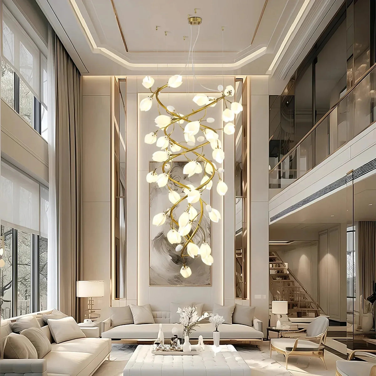 Lysandra Flower staircase chandelier - ∅ 31.5″ x H 59.1″ / Dia 80cm x H 150cmGold + Whitecasivra
