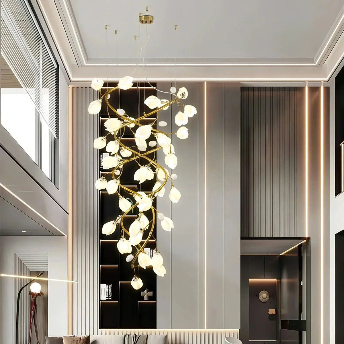 Lysandra Flower staircase chandelier - ∅ 47.2″ x H 98.4″ / Dia 120cm x H 250cmGold + Whitecasivra