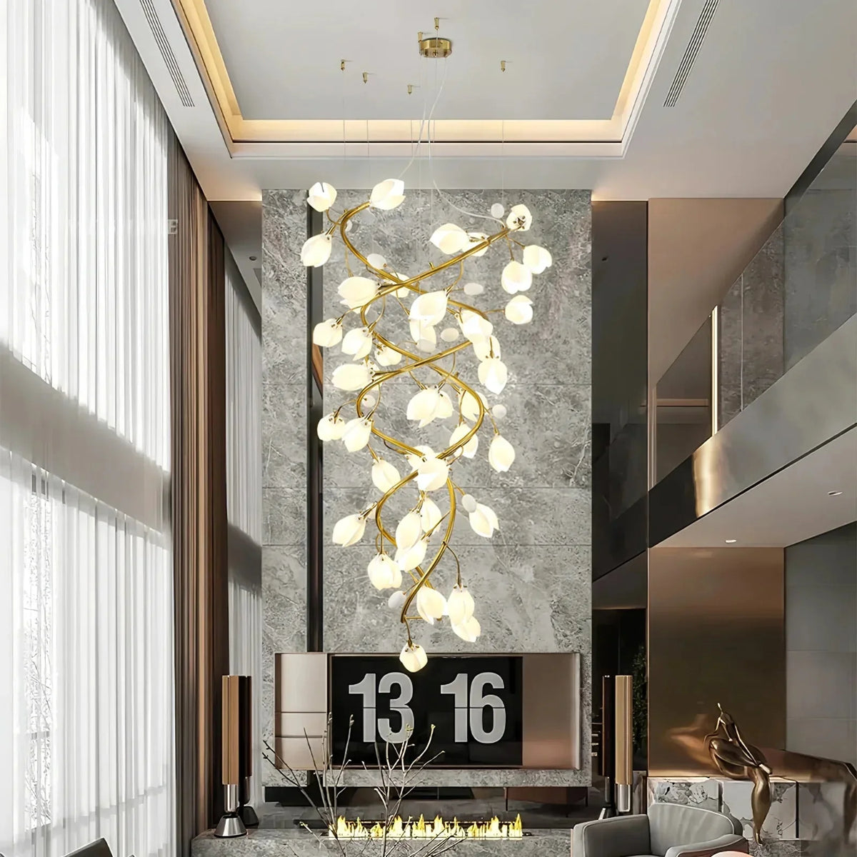 Lysandra Flower staircase chandelier - ∅ 47.2″ x H 98.4″ / Dia 120cm x H 250cmGold + Whitecasivra