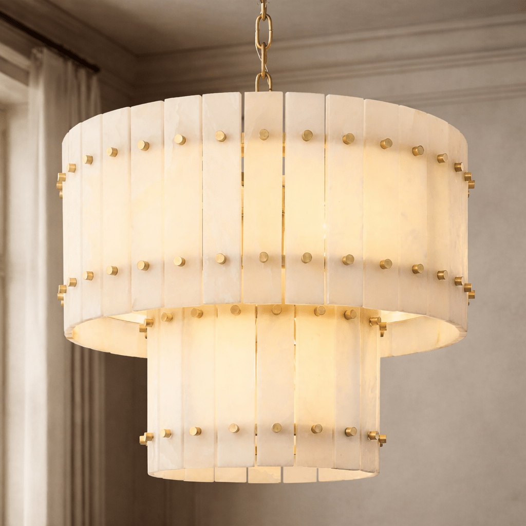 Valmont 23-inch two-tier marble chandelier illuminated