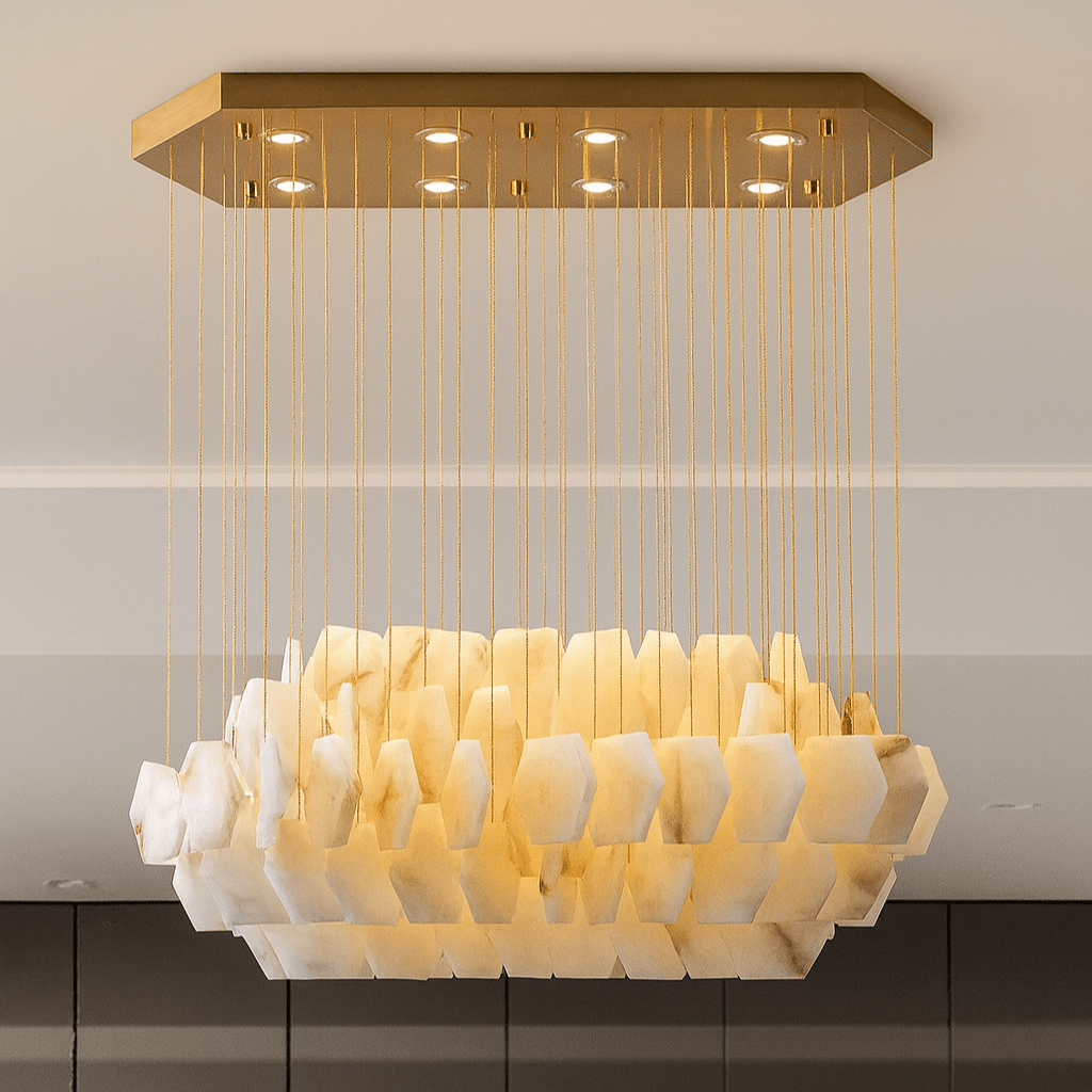 Arden tiered hand-carved marble disc chandelier on brass chains