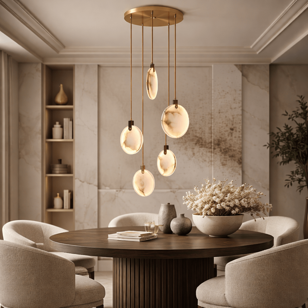 Moonshade cascading marble disc chandelier in an entryway