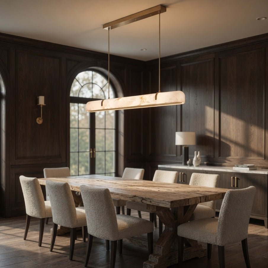 Windsor linear marble dining chandelier in brass and natural stone