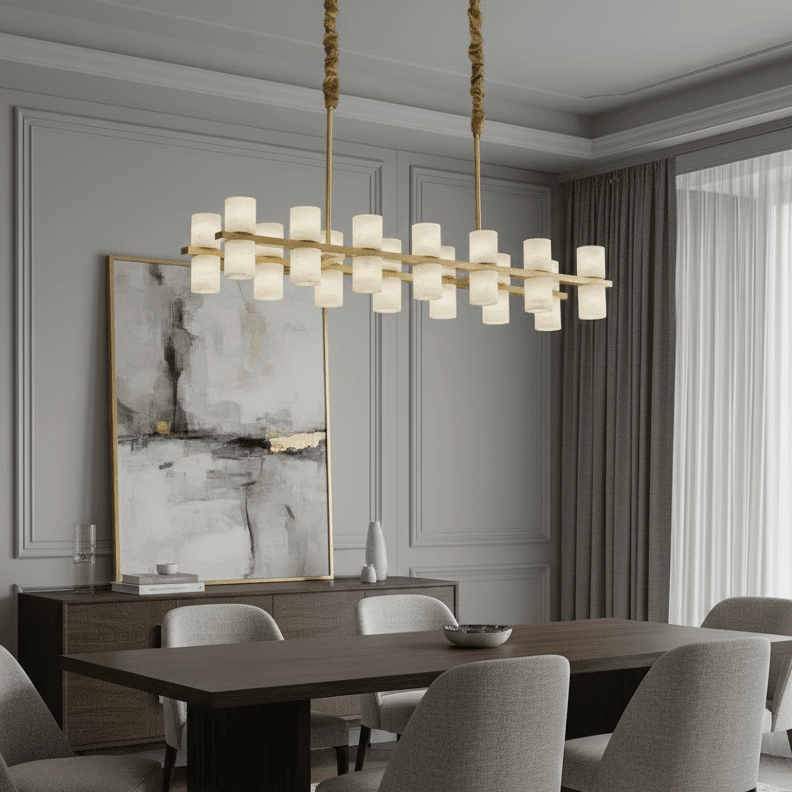 Natural marble shades on a solid brass linear chandelier frame