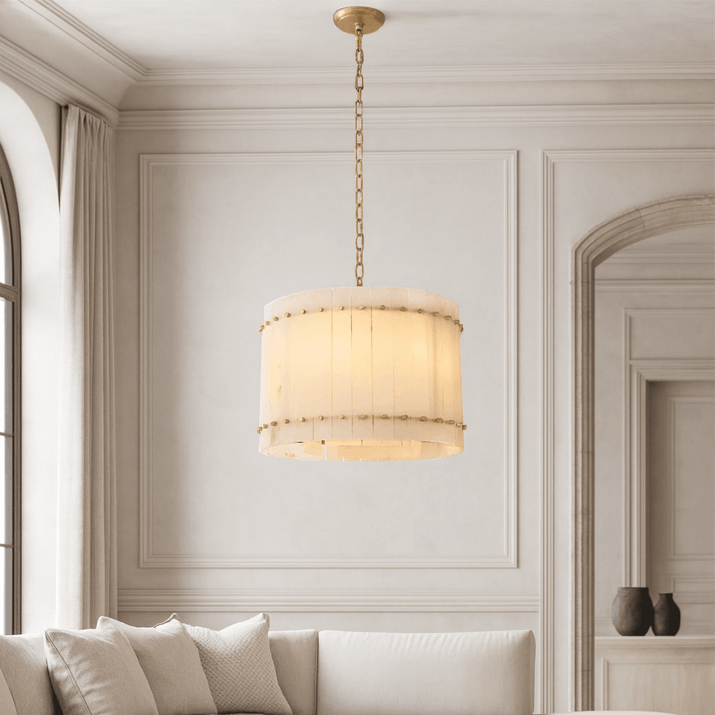 Valmont 16-inch round marble chandelier full view