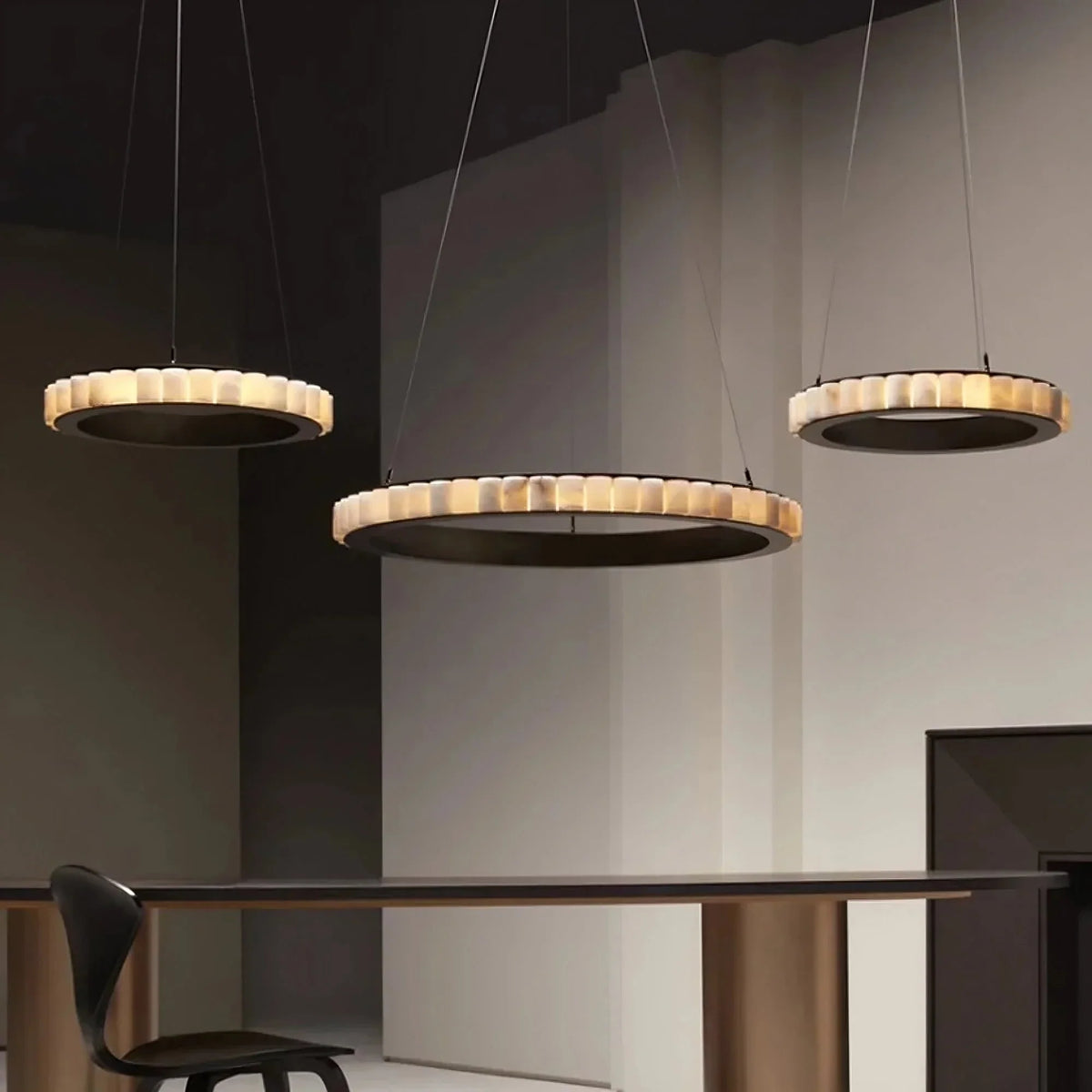 Hampton marble chandelier illuminated