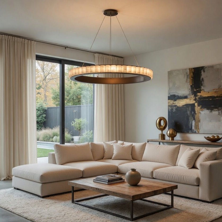 Hampton marble chandelier warm glow detail