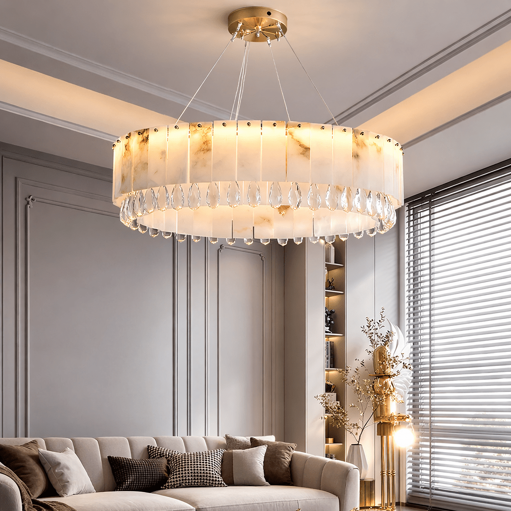 Stuart 31-inch round chandelier illuminated