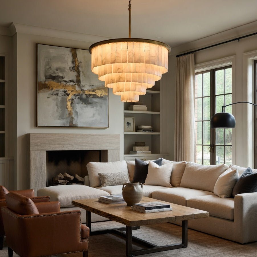 Berkley Spanish marble tiered chandelier over a dining table