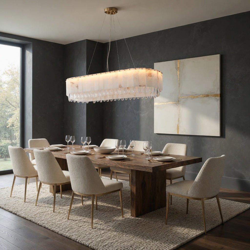 Stuart marble and crystal dining chandelier over a table
