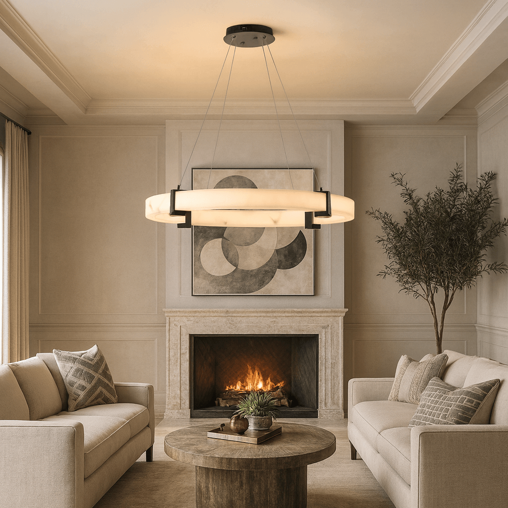 Chester marble ring chandelier illuminated over a dining table
